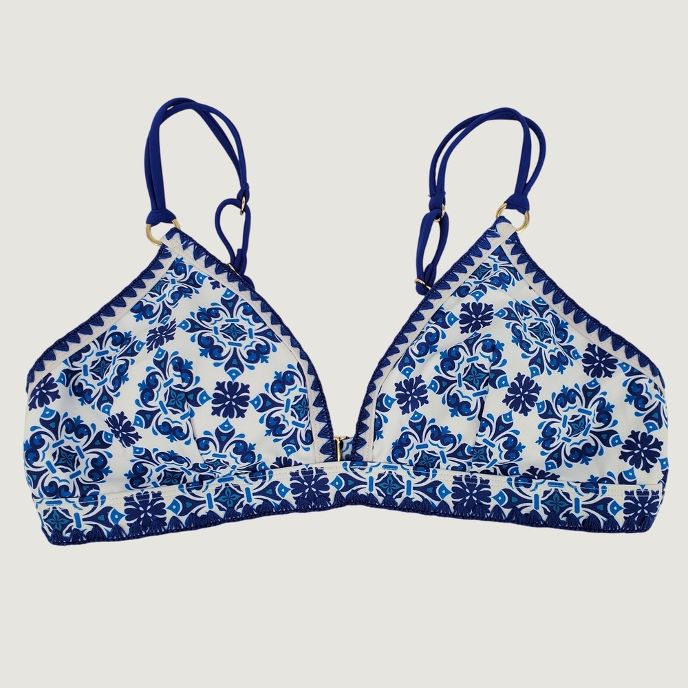 Cupshe V-Neck Crochet Trim Bikini Top Large Blue White Tile Print Padded Stretch